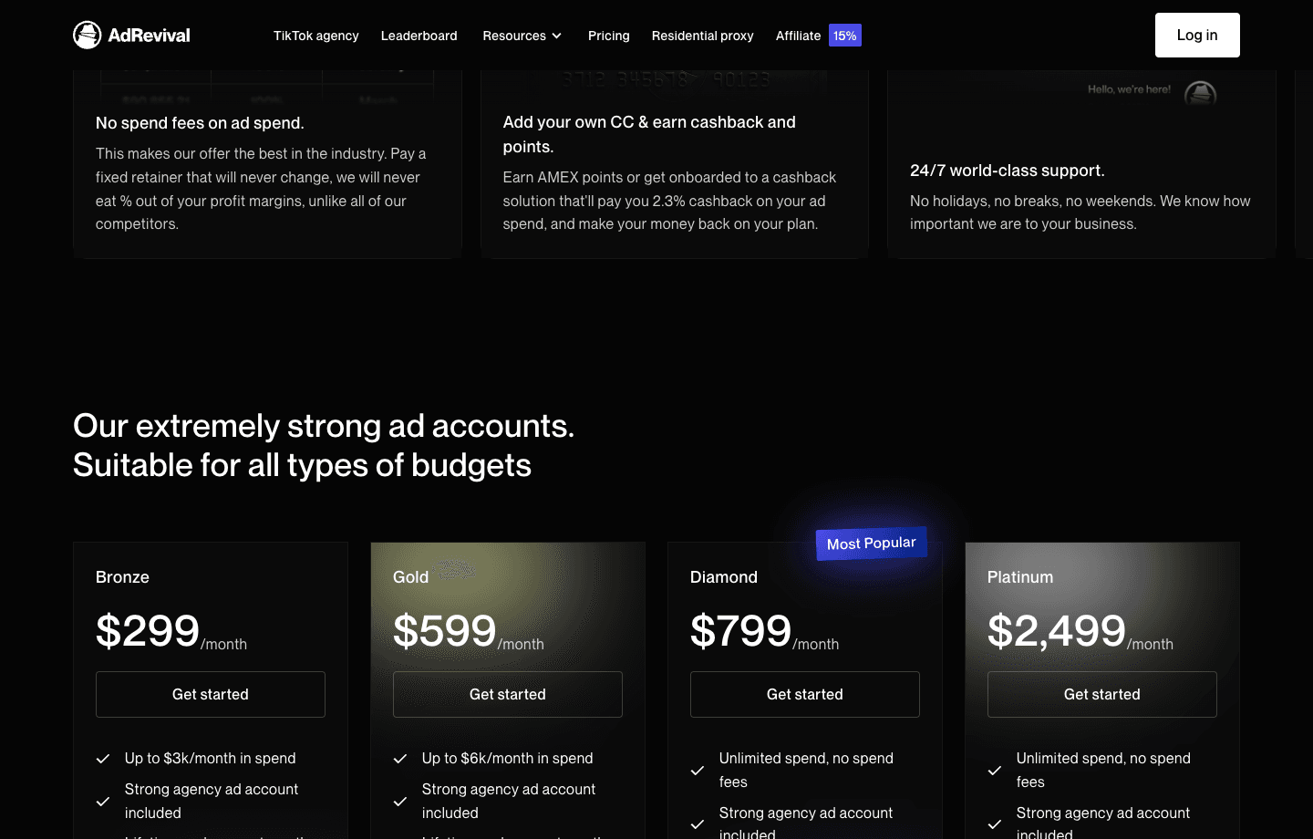 AdRevival Meta agency account pricing cards for ecommerce advertisers