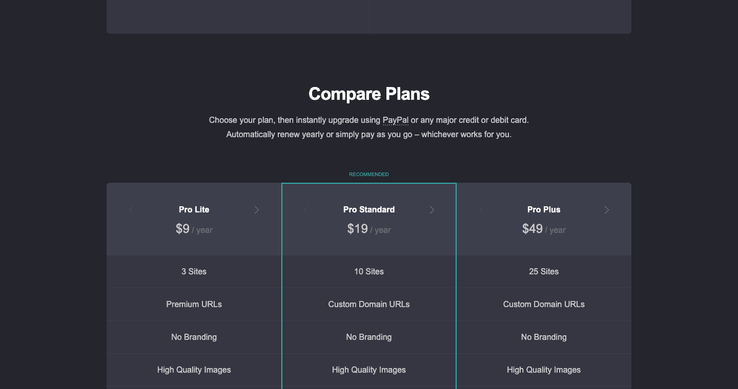 Carrd Pro plans page showing Pro Lite, Pro Standard, and Pro Plus pricing