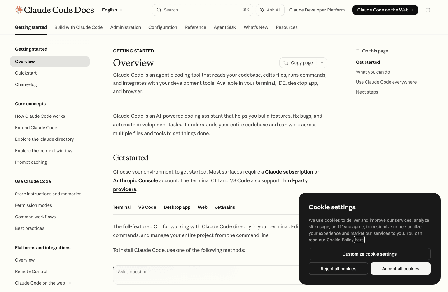 Claude Code documentation showing agentic coding overview