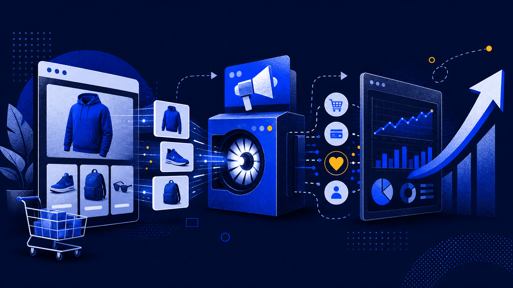 Graphic showing ecommerce product cards flowing into a Meta ads engine and analytics dashboard