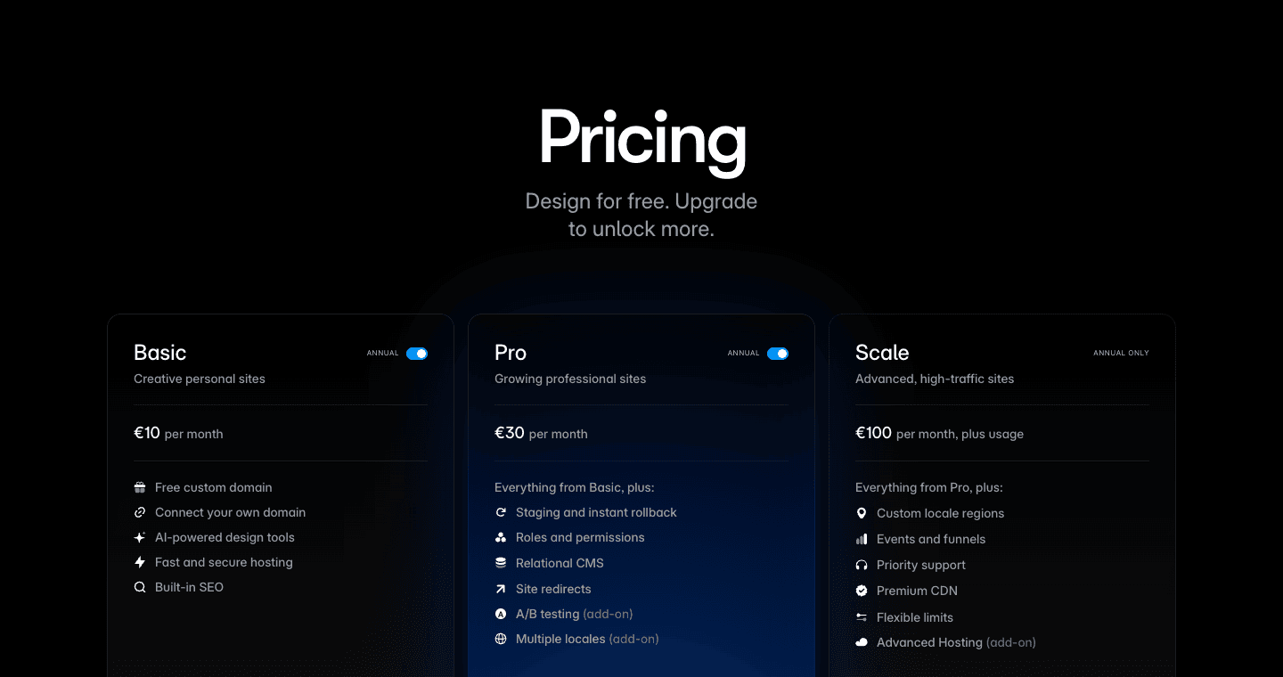 Framer pricing page showing Basic, Pro, and Scale plans