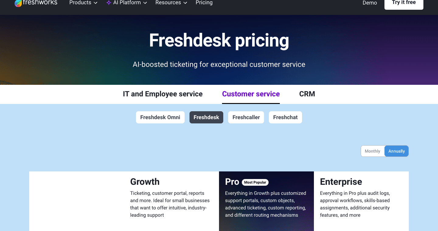 Freshdesk pricing page showing Growth Pro and Enterprise support plans