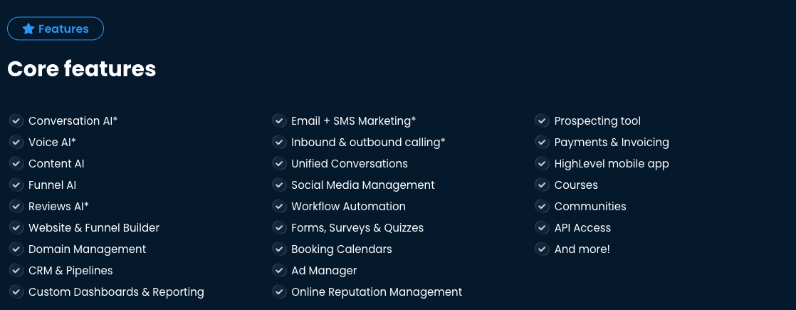 GoHighLevel core features list for CRM, automation, funnels, messaging, and reporting