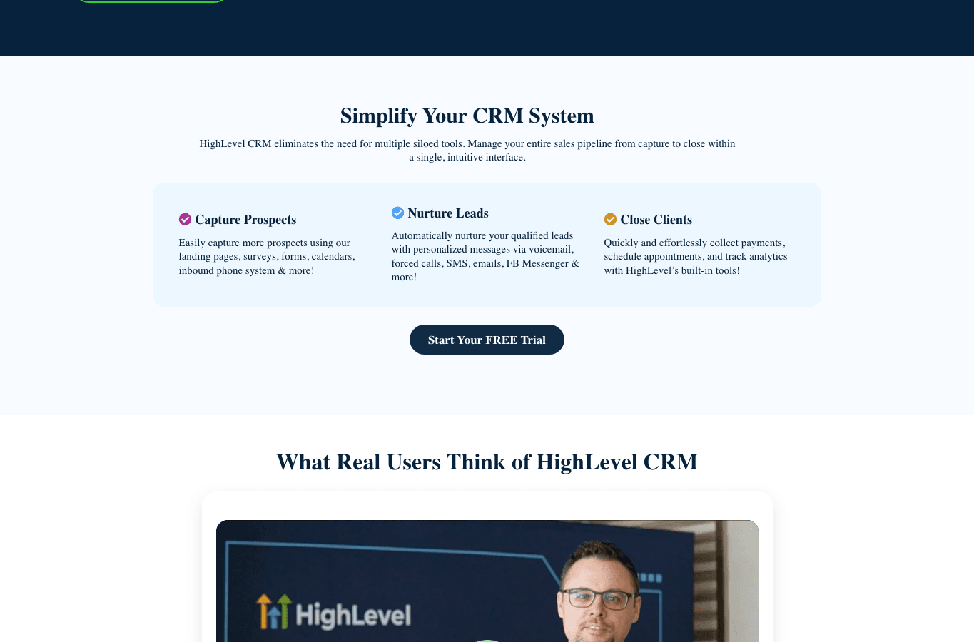 HighLevel CRM page showing capture, nurture, and close workflow features