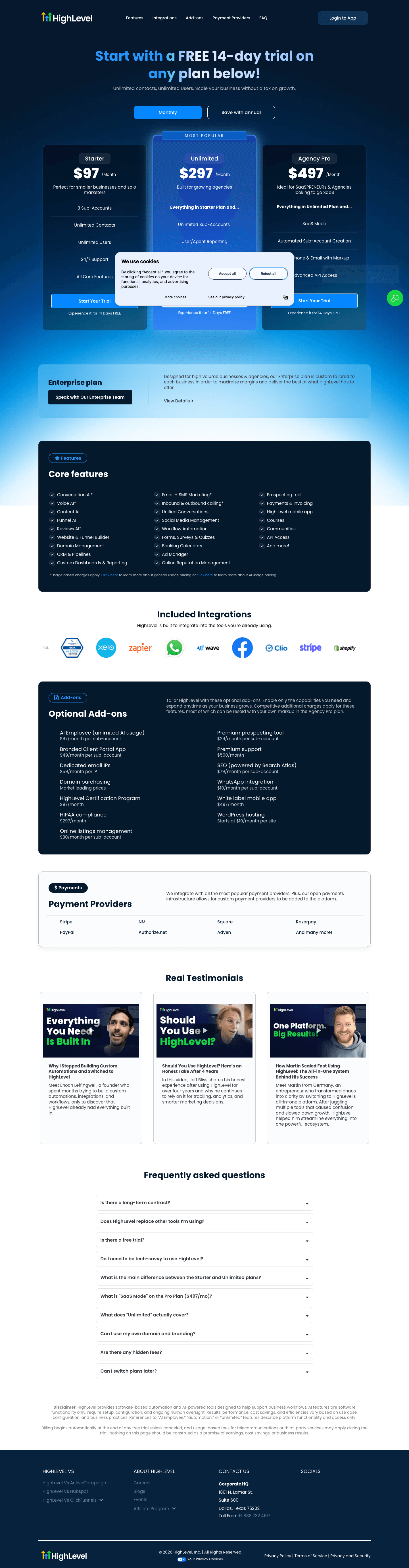 HighLevel pricing page showing agency plan options
