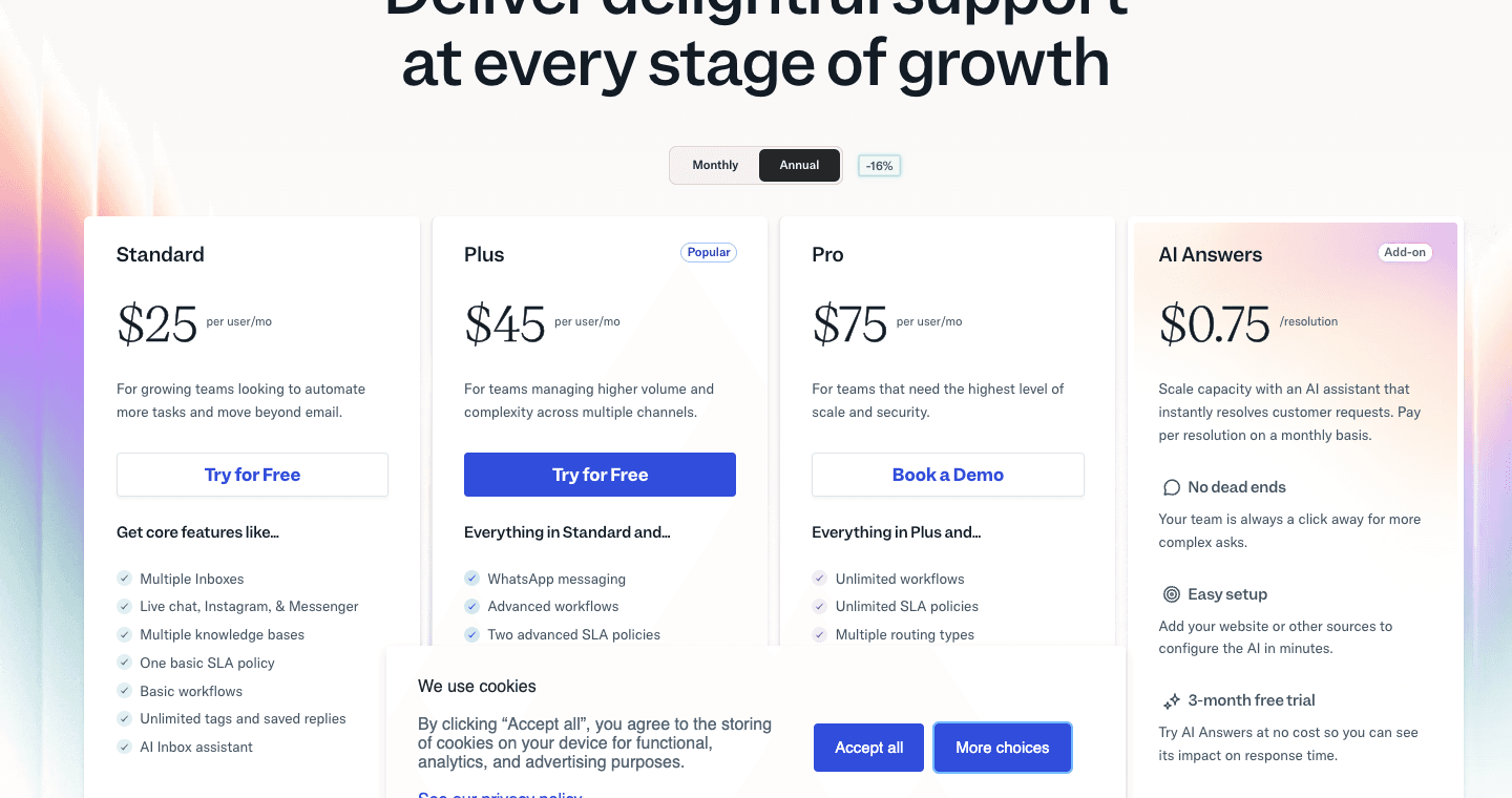 Help Scout pricing page showing Standard Plus and Pro support plans