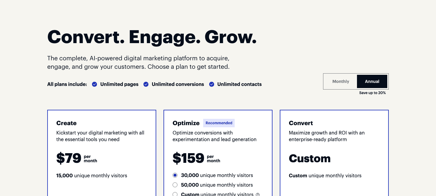 Instapage plans page showing Create, Optimize, and Convert options