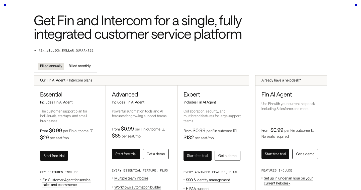 Intercom pricing page showing support plans and Fin AI outcome pricing