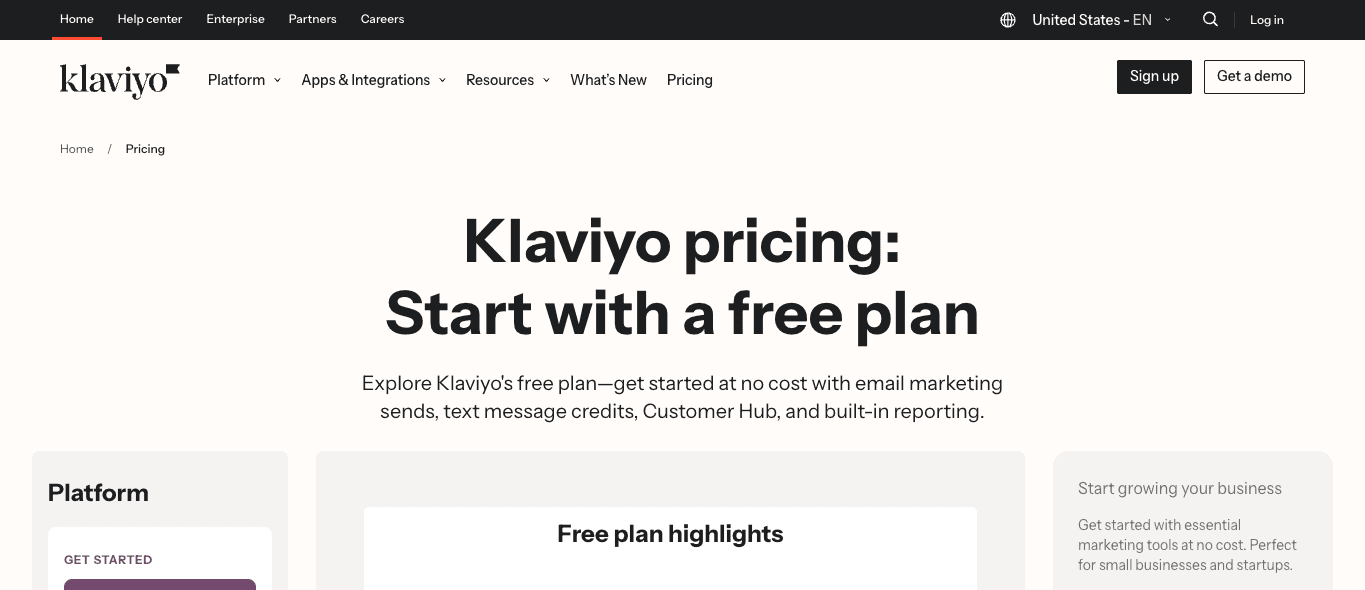 Klaviyo pricing page showing free plan positioning and platform plan area