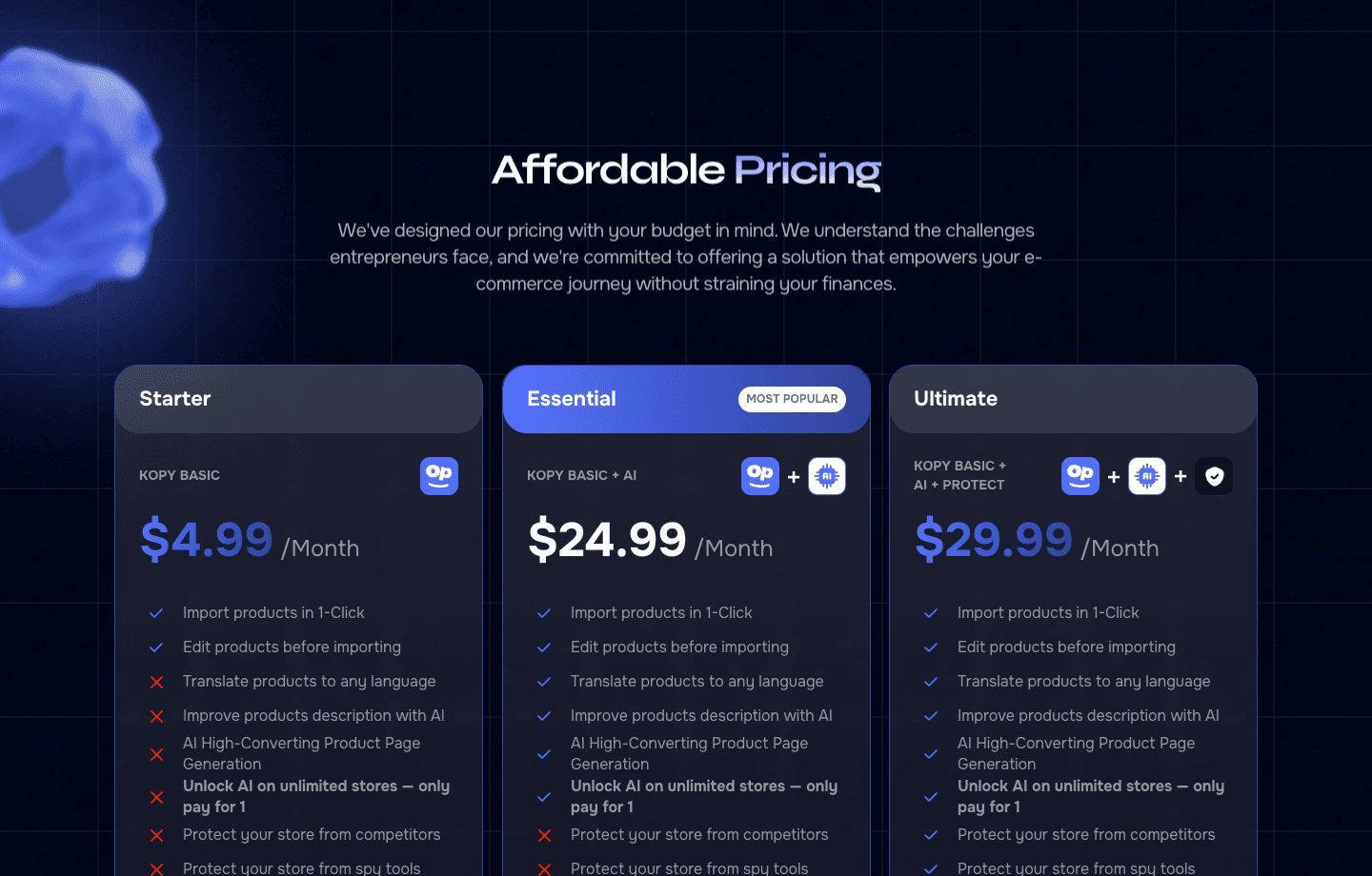 Kopy pricing cards for Shopify product pages used in ecommerce ad testing