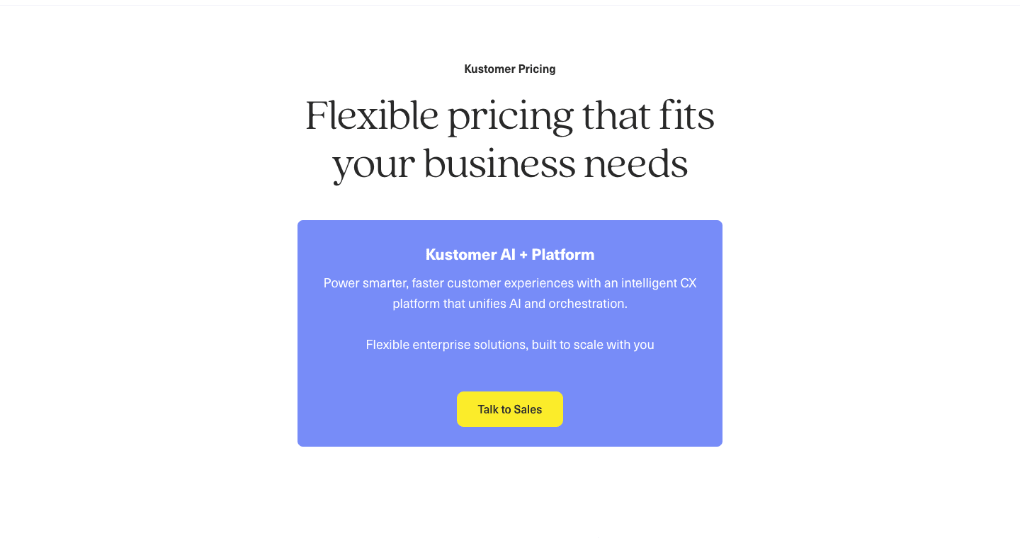 Kustomer pricing page showing enterprise AI customer service platform details