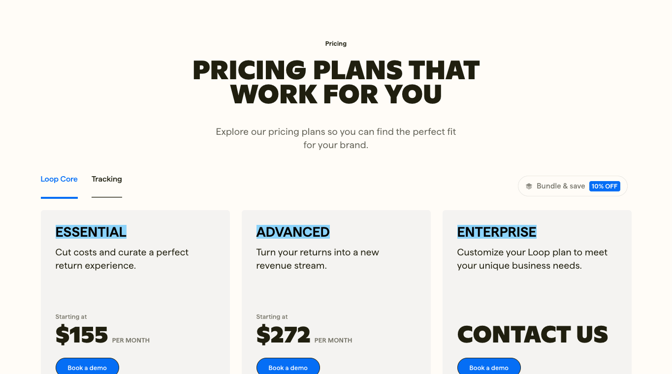 Loop Returns pricing page showing Essential, Advanced, and Enterprise plans