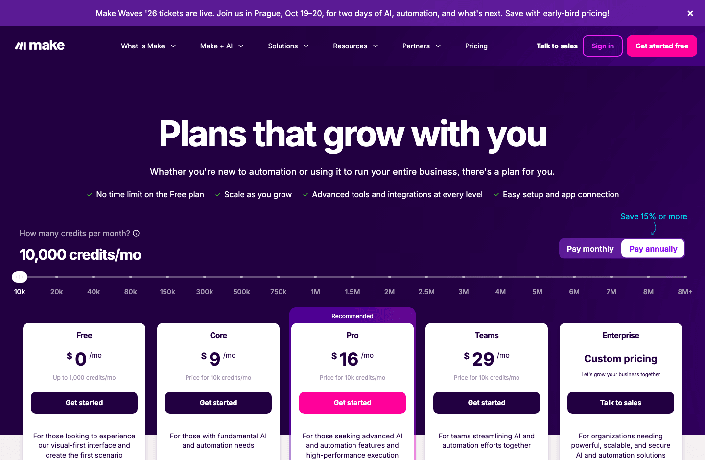 Make pricing page showing credit-based automation plans