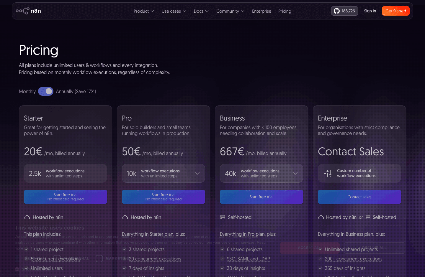 n8n pricing page showing execution-based cloud plans