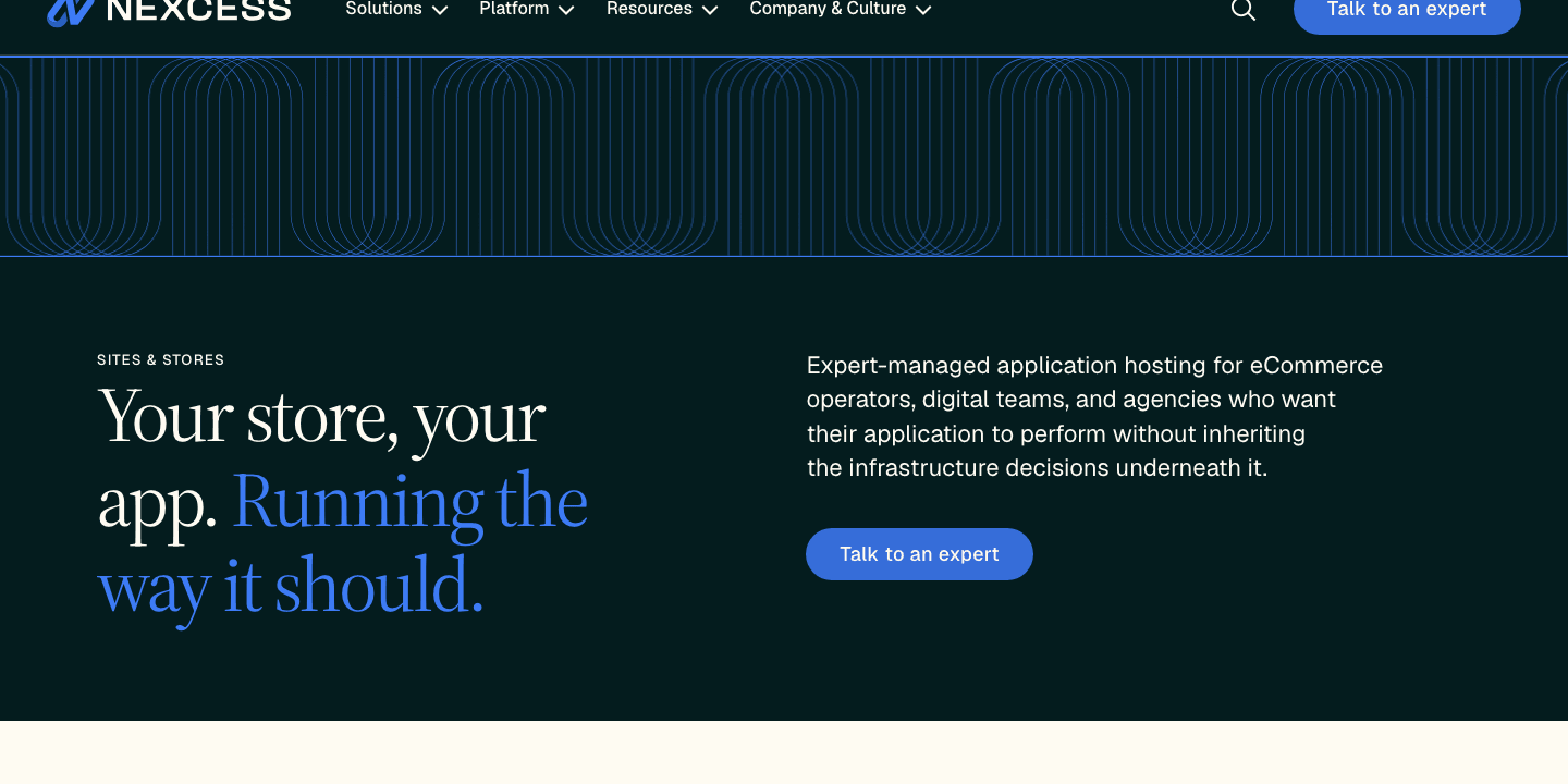 Nexcess Sites and Stores official page showing managed ecommerce hosting positioning