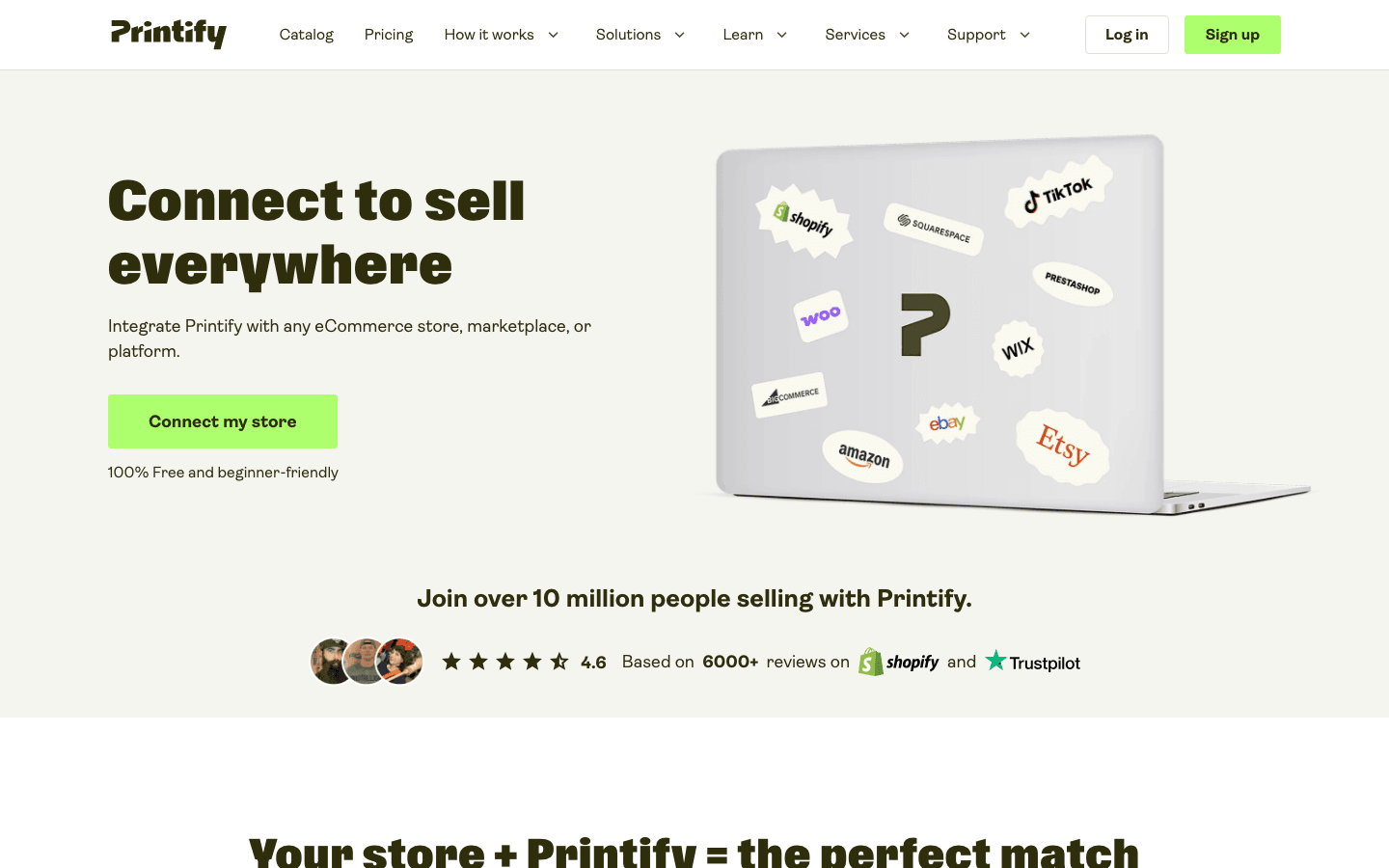 Printify integrations page showing ecommerce platform connections