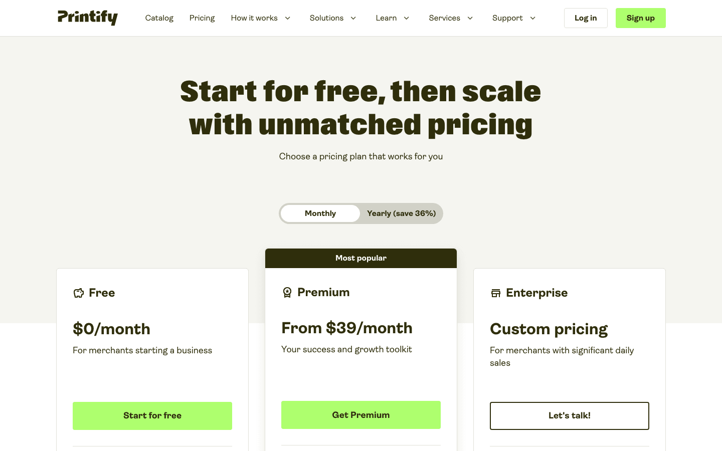 Printify pricing page showing Free, Premium, and Enterprise plans