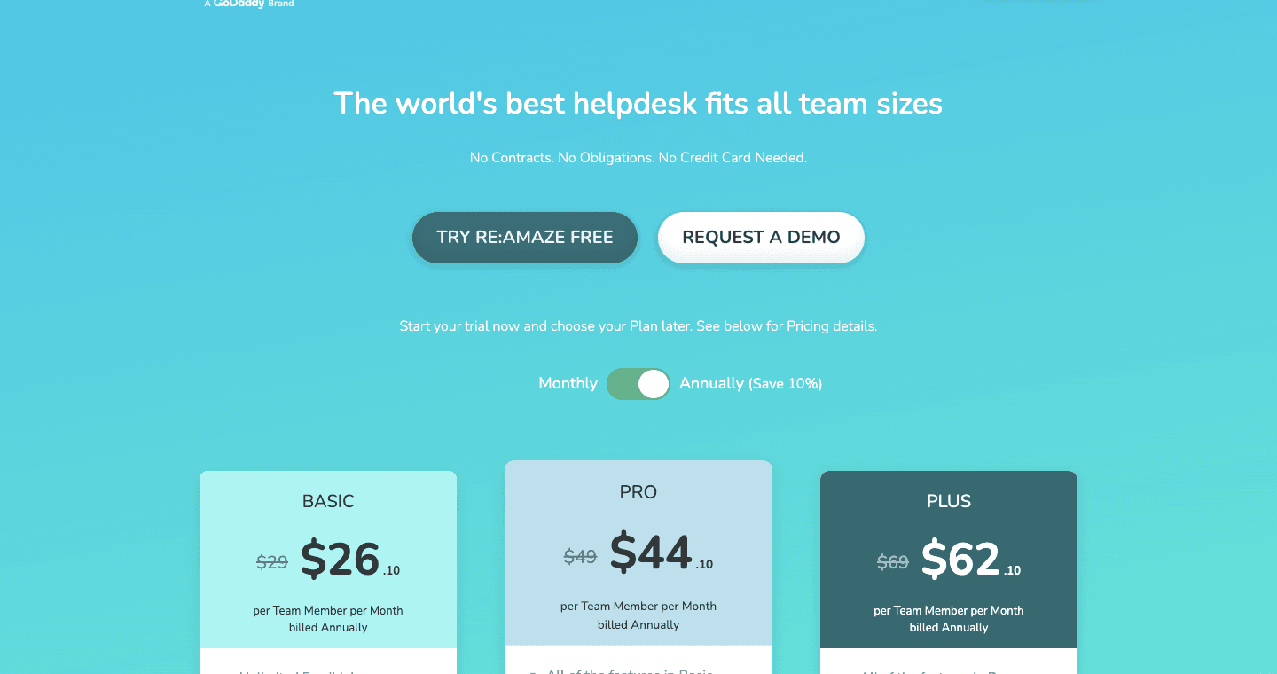 Reamaze pricing page showing ecommerce helpdesk plans