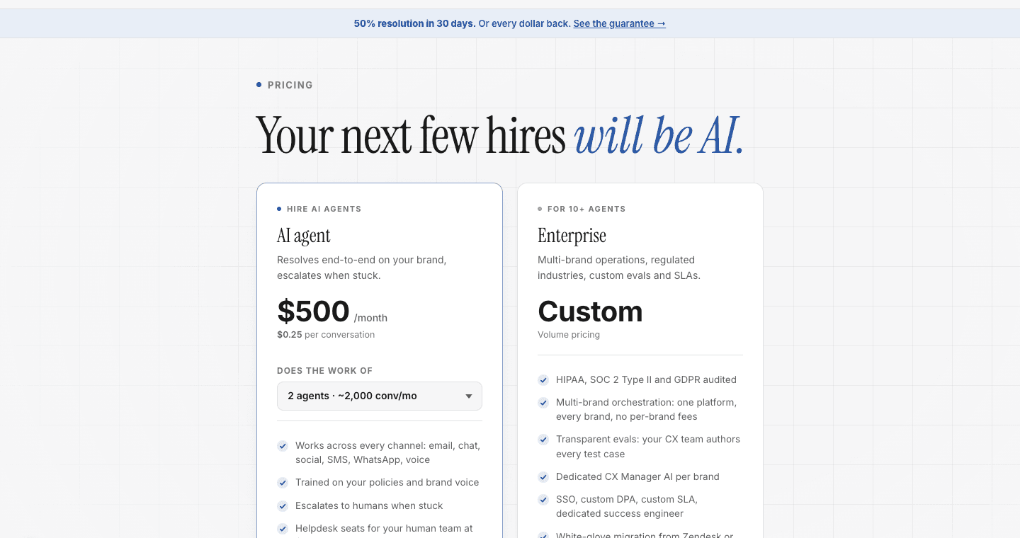 Richpanel pricing page showing AI agent and enterprise support plans