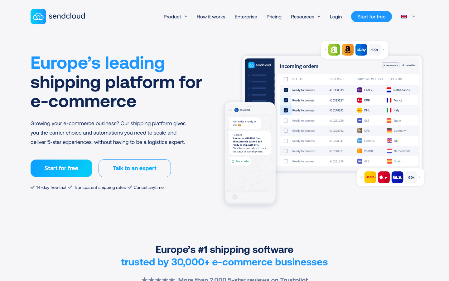 Sendcloud homepage showing ecommerce shipping dashboard positioning