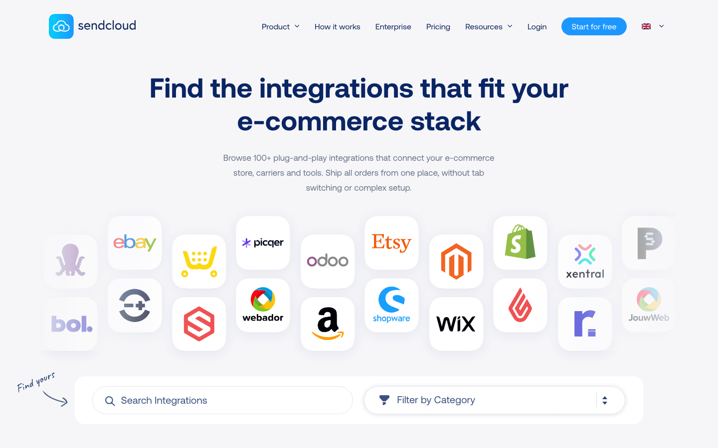 Sendcloud integrations page showing ecommerce app connections