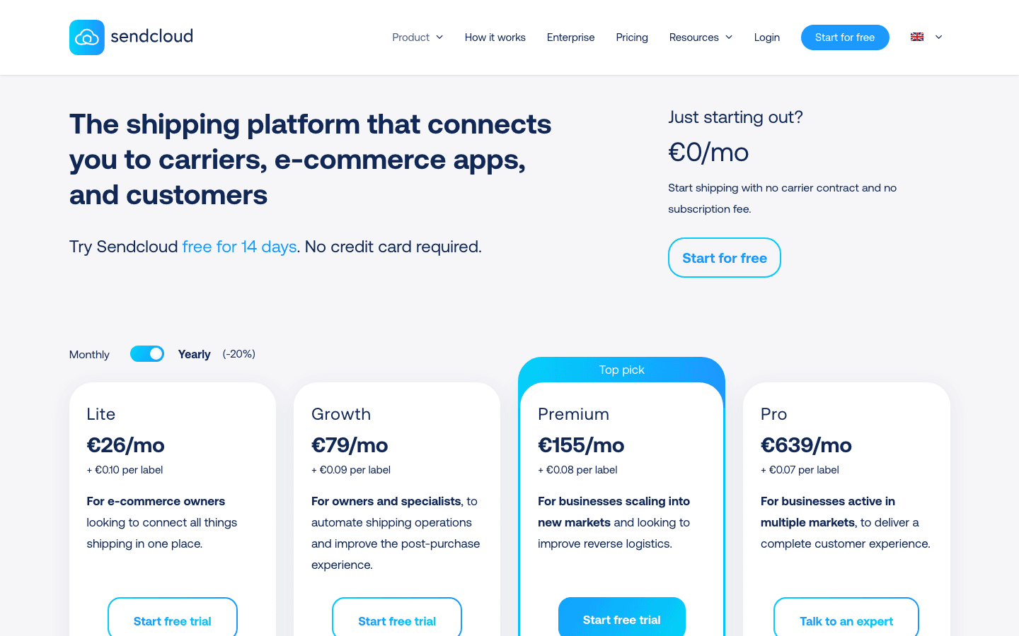 Sendcloud pricing page showing Free, Lite, Growth, Premium, and Pro plans