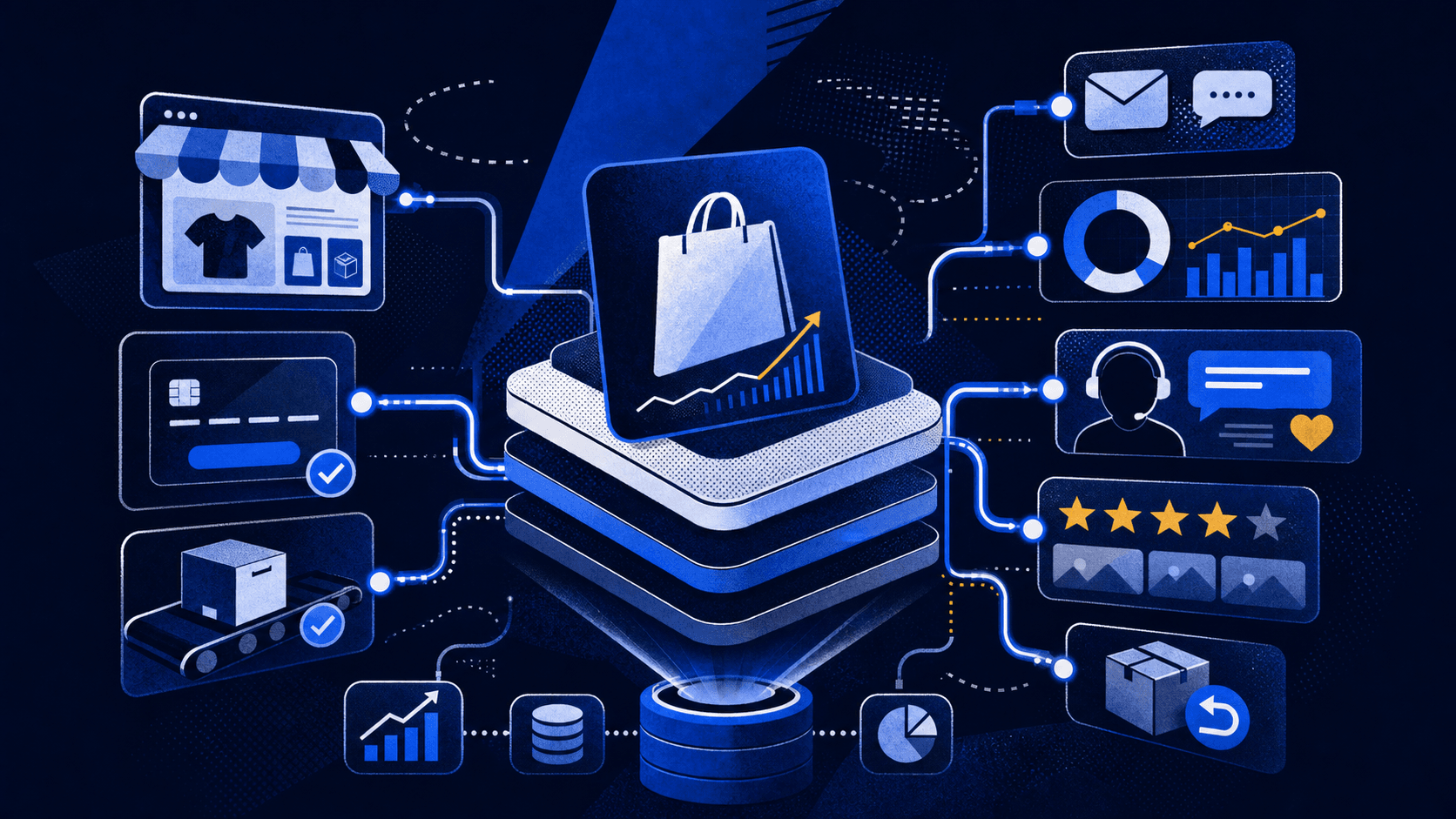 Layered Shopify growth stack workflow with storefront, lifecycle, analytics, support, reviews, and returns