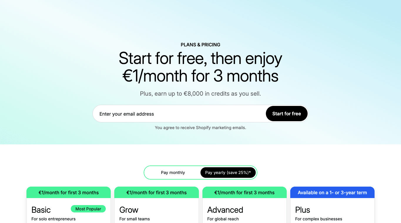 Shopify pricing page showing Basic, Grow, Advanced, and Plus plan cards