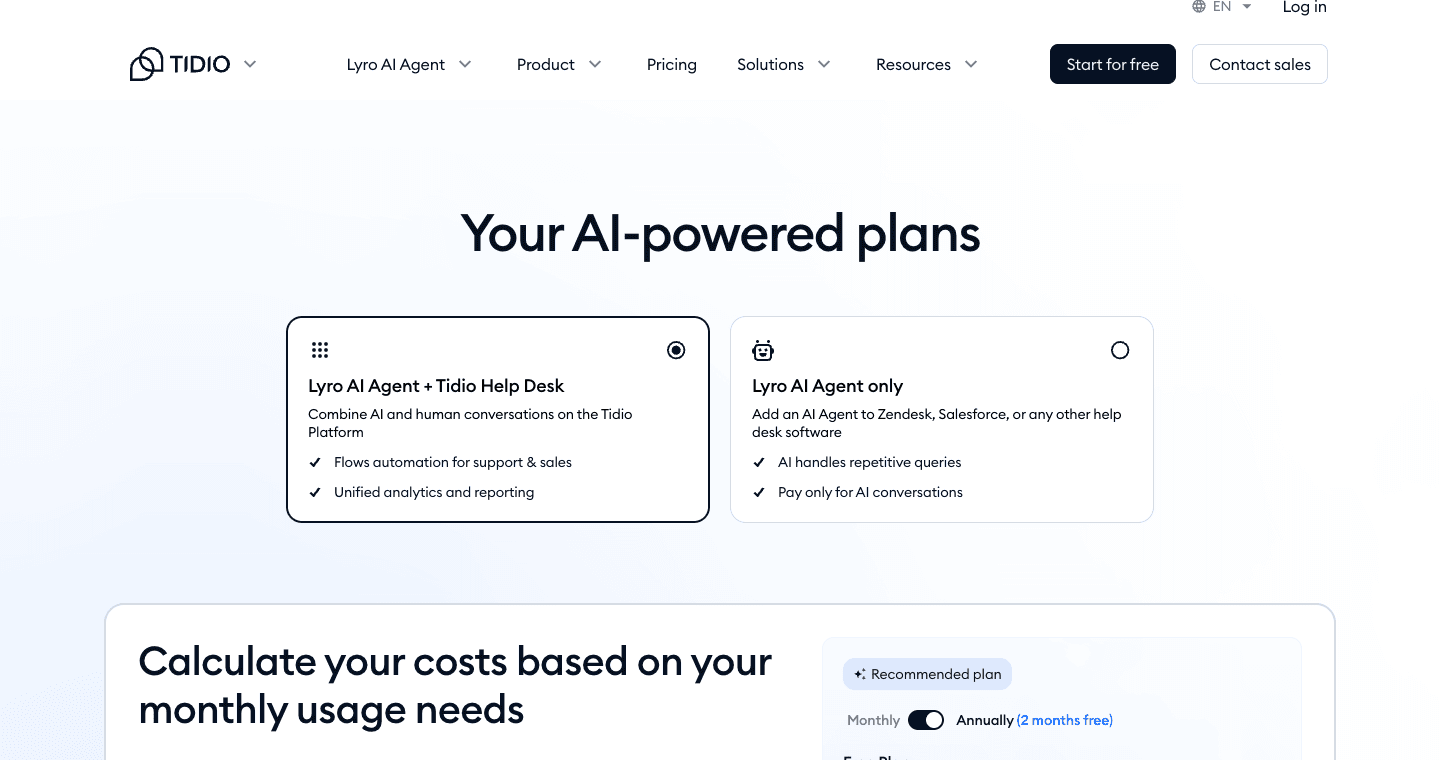 Tidio pricing page showing live chat and AI support plan tiers