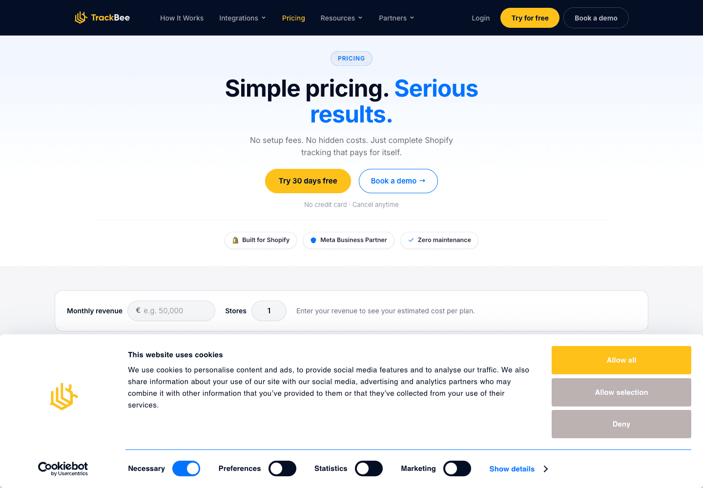 TrackBee pricing page showing tracked-revenue plans