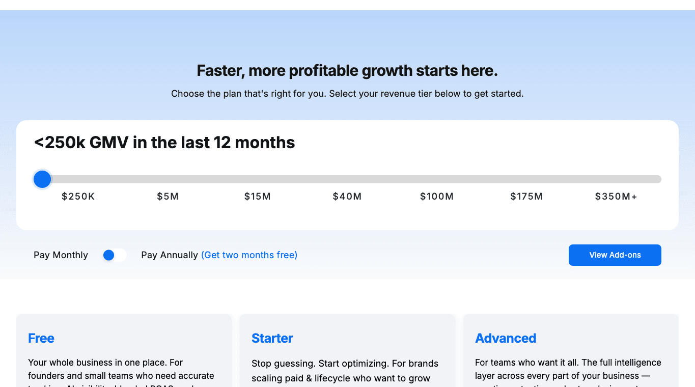Triple Whale pricing page showing GMV tier selector and plan cards
