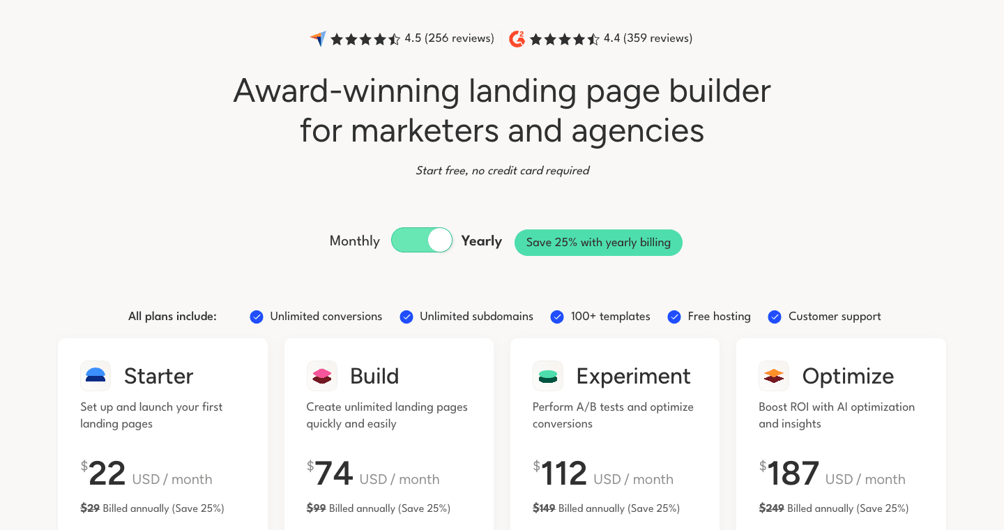 Unbounce pricing page showing Starter, Build, Experiment, and Optimize plans