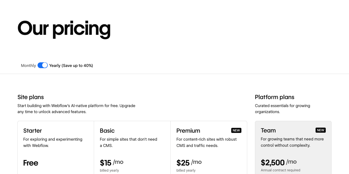 Webflow pricing page showing site plan cards and platform plan area