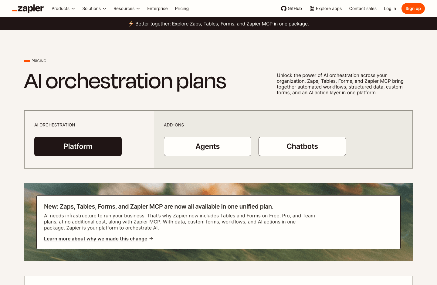 Zapier pricing page showing AI orchestration plans