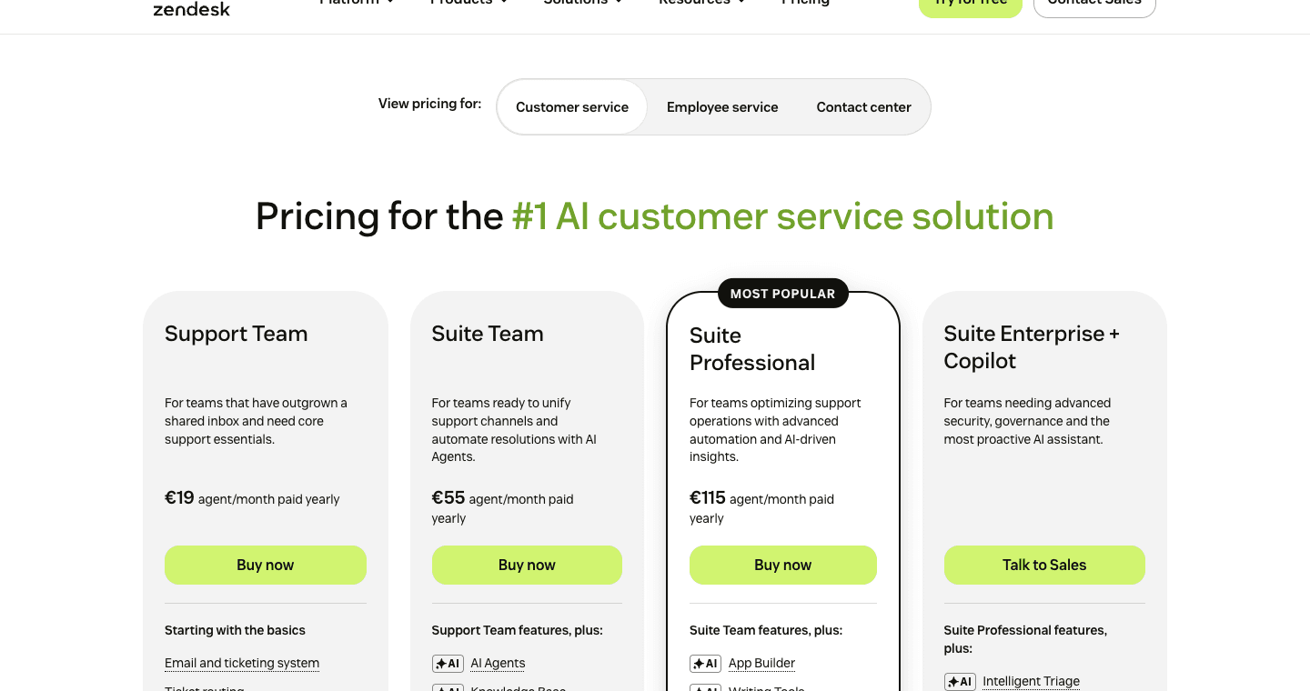 Zendesk pricing page showing customer service support and suite plans